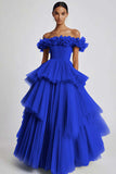 Dusty Sage Tulle Off The Shoulder Ball Gown Long Formal Dress with Ruffles