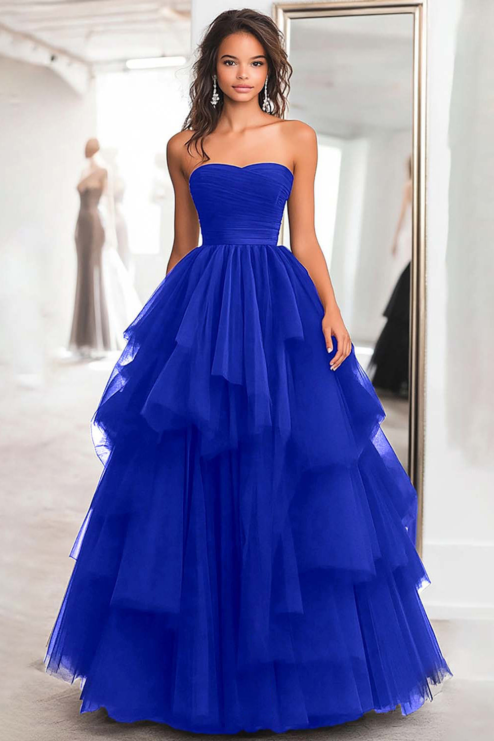 Black Ball Gown Strapless Tulle Tiered Long Formal Dress