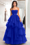 Black Ball Gown Strapless Tulle Tiered Long Formal Dress