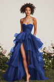 Navy Ball Gown Sweetheart Ruffled Long Formal Dress with Front Slit