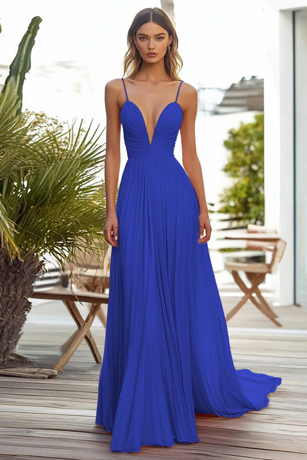 Pink Chiffon A Line Spaghetti Straps Pleated Long Wedding Guest Dress