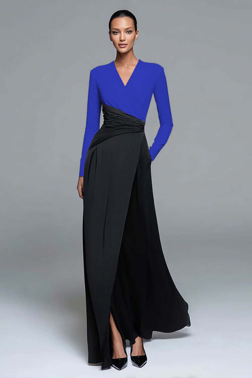 Black and White Patchwork Long Sleeves Formal Dress with Pockets