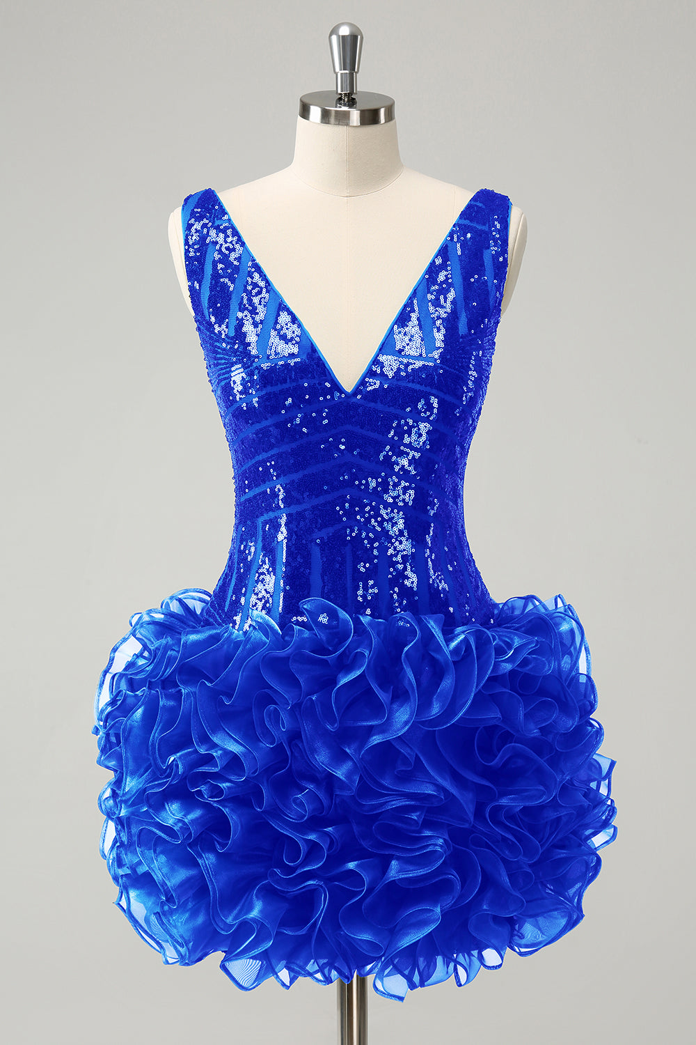 Glitter Fuchsia V Neck Sequins Cocktail Dress with Detachable Ruffles