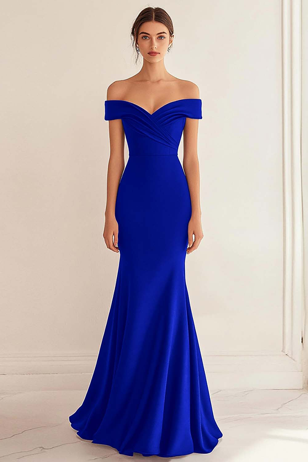 Navy Satin Long Off the Shoulder Mermaid Ruched Formal Dress