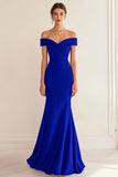 Navy Satin Long Off the Shoulder Mermaid Ruched Formal Dress