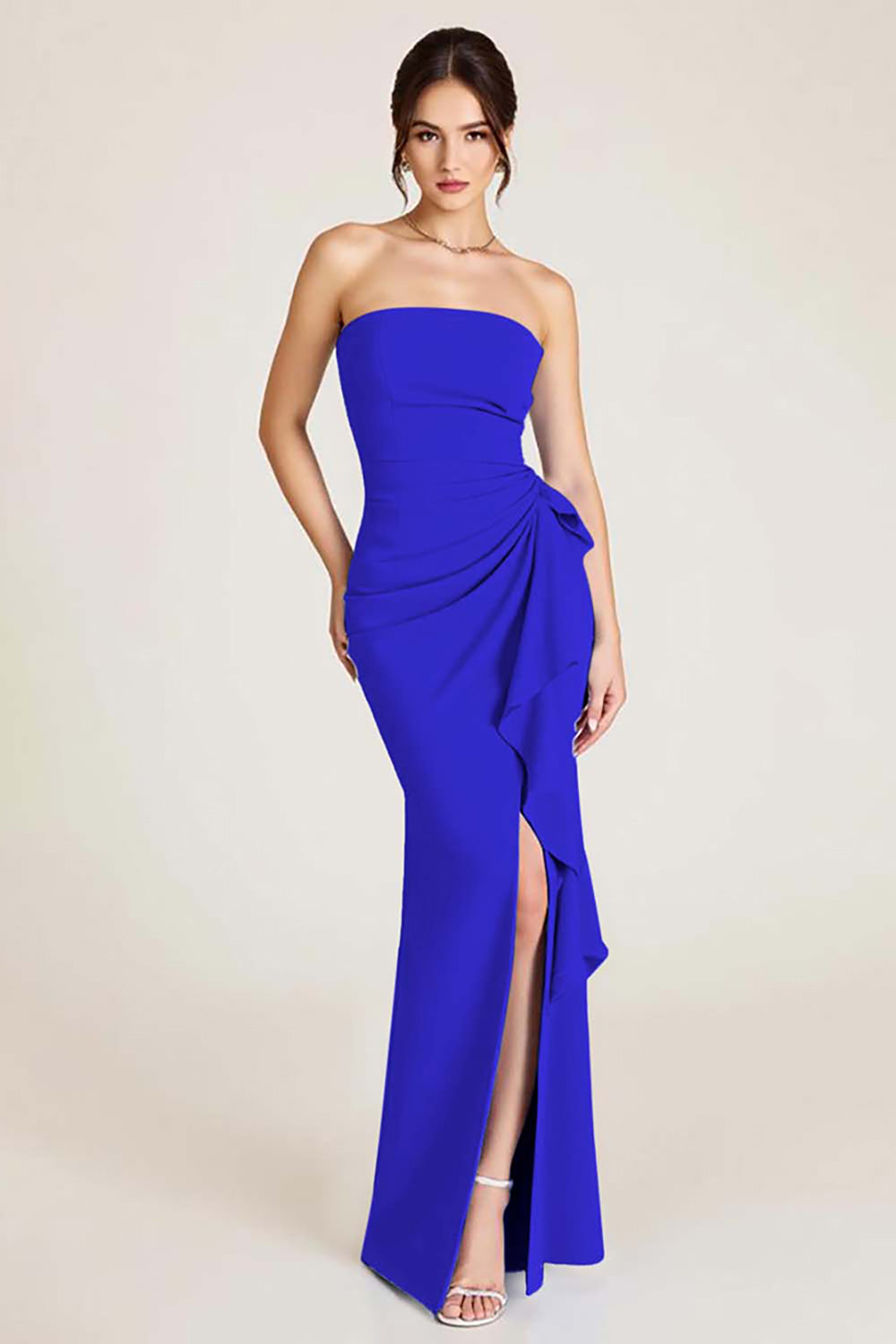 Sky Blue Satin Strapless Mermaid Ruched Long Formal Dress With Slit