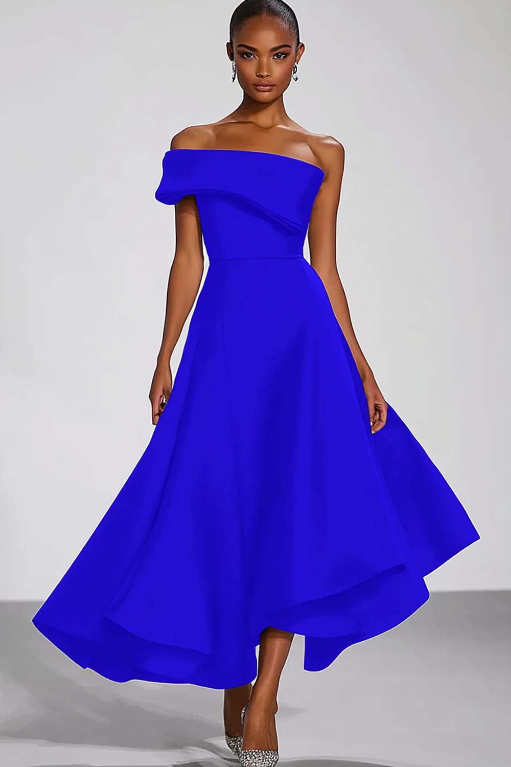 One Shoulder Navy Satin A Line Long Formal Dress