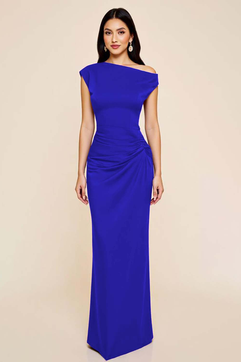 Plum Satin Sheath Ruched One Shoulder Long Formal Dress