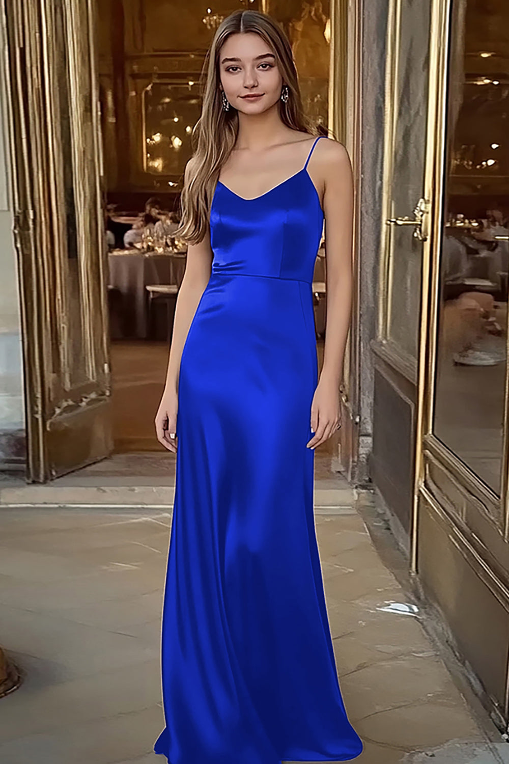 Coffee Satin Spaghetti Straps Sheath Long Formal Dress