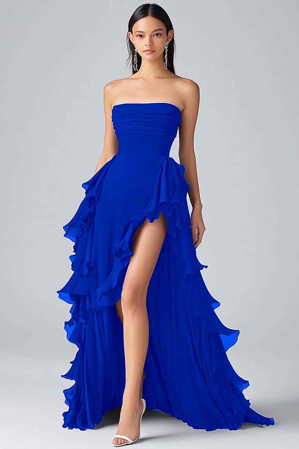 Black A Line Ruffles Chiffon Tiered Strapless Formal Dress with Slit