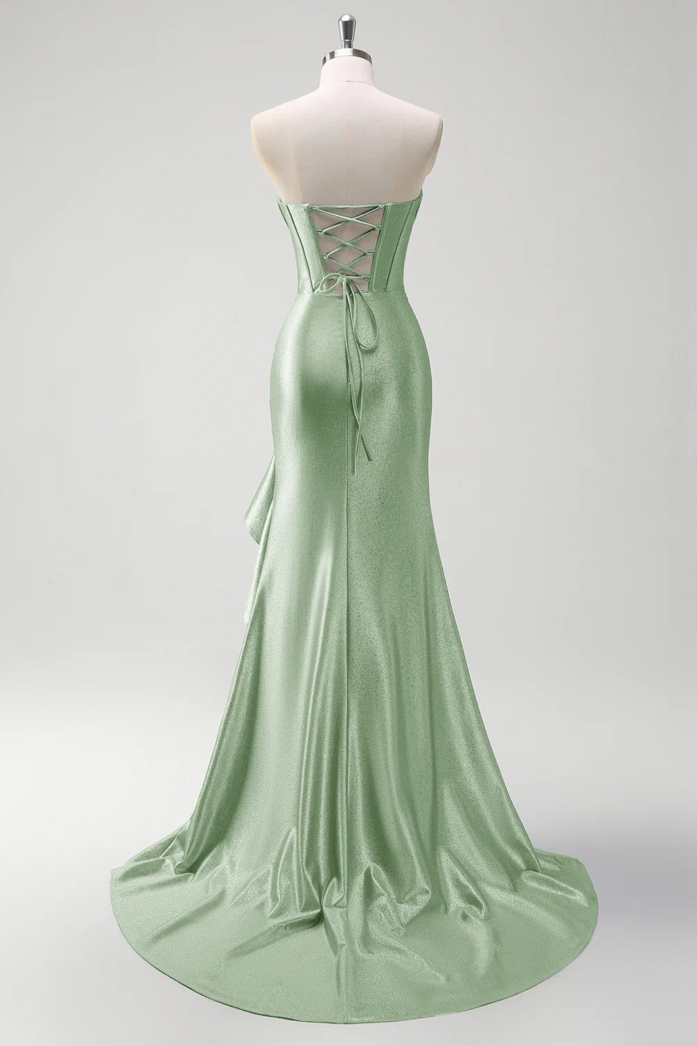 Sparkly Grey Blue Mermaid Strapless Ruffle Corset Satin Long Formal Dress with Slit