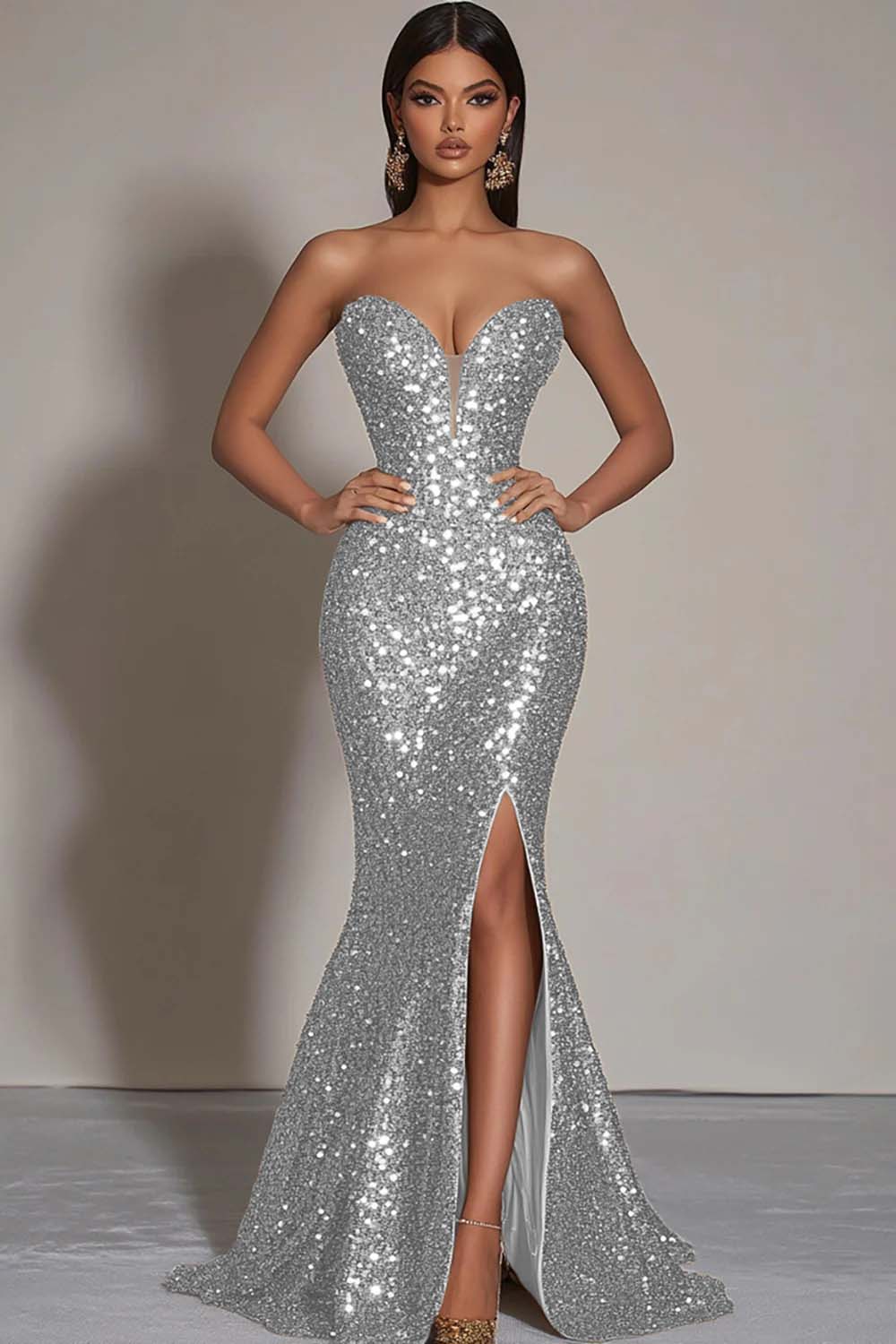 Sparkly Gold Sequins Sweetheart Mermaid Long Formal Dress with Slit