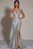 Sparkly Gold Sequins Sweetheart Mermaid Long Formal Dress with Slit