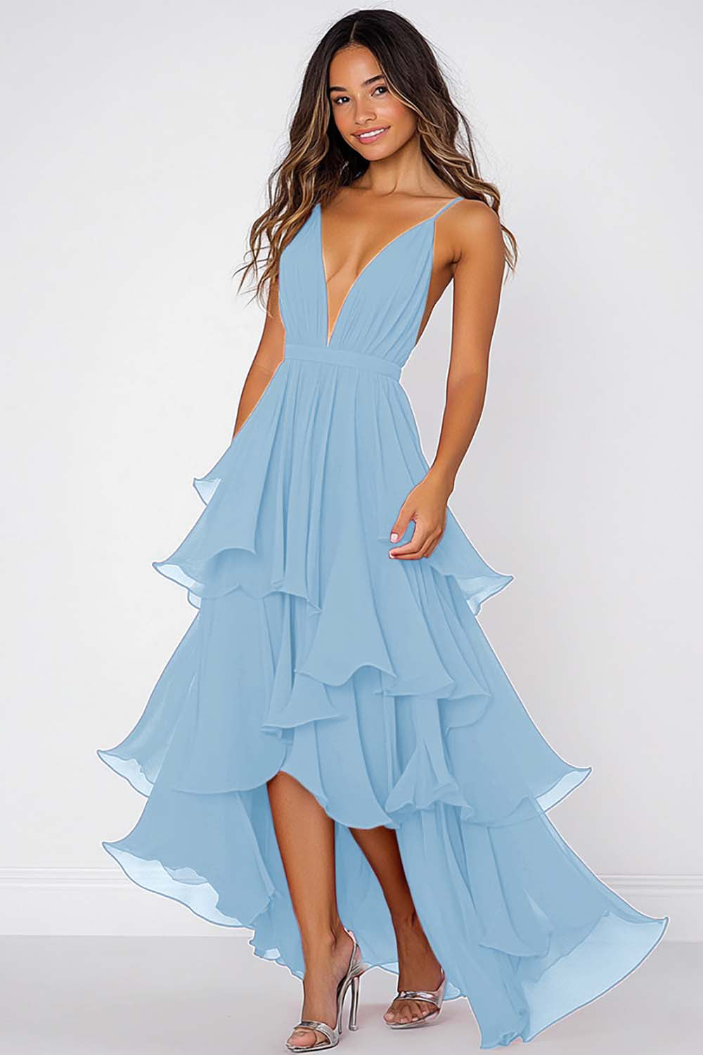 Ruffled Tiered Black Chiffon Spaghetti Straps Formal Dress