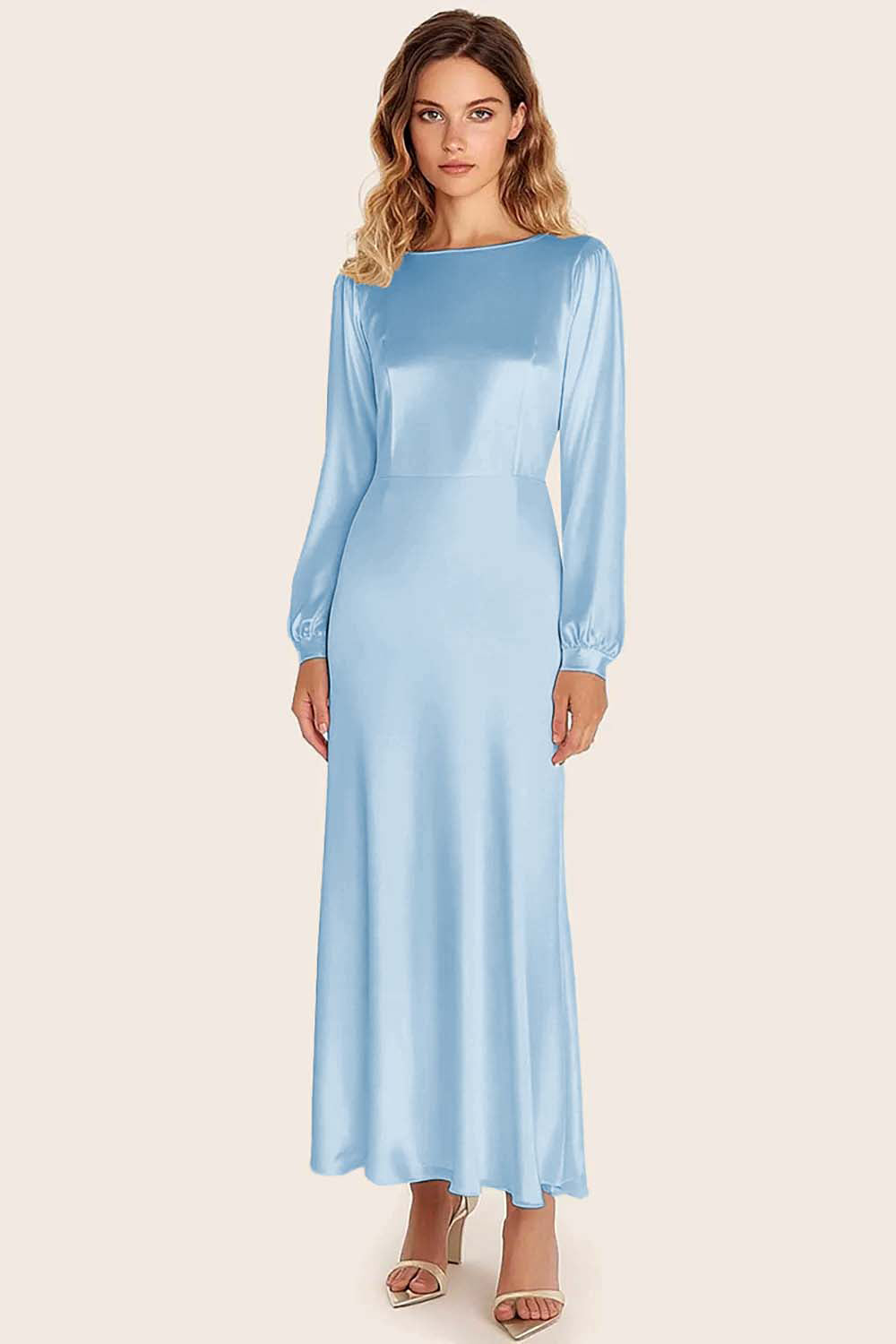 Black Satin Boat Neck A-Line Long Formal Dress with Long Sleeves