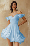 White Chiffon A Line Ruffled Off the Shoulder Pleated Short Graduation Dress