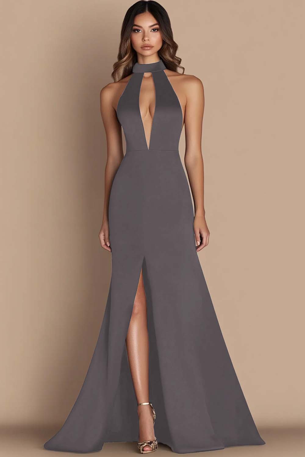 Black Satin Halter Cut Out Mermaid Formal Dress with Slit