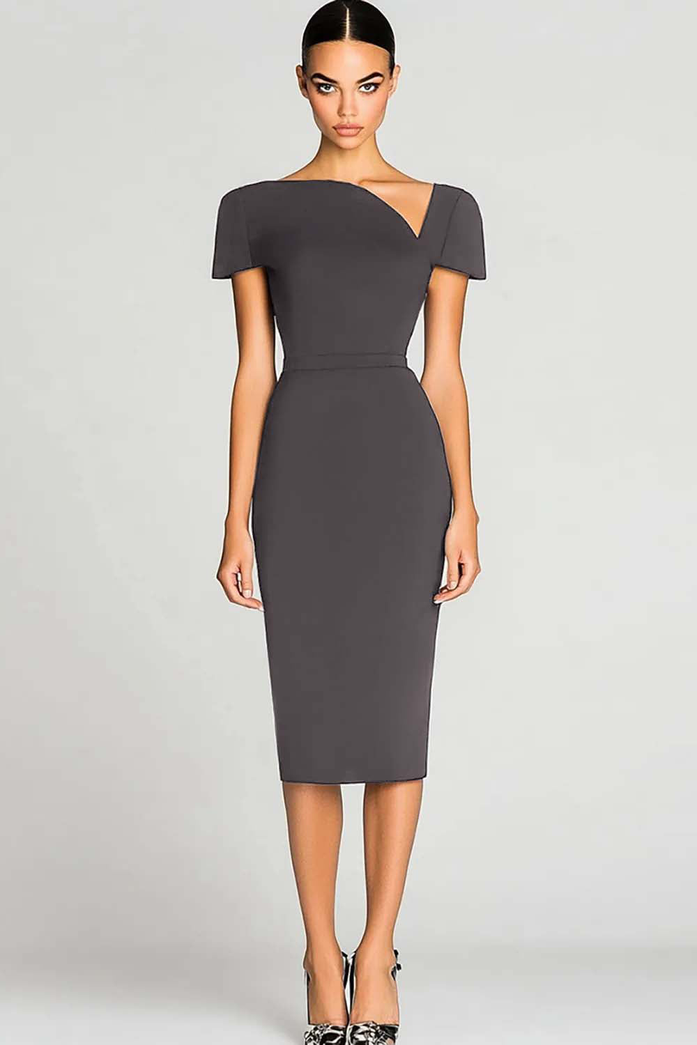 Black Short Sleeves Bodycon Satin Midi Work Dress