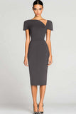 Black Short Sleeves Bodycon Satin Midi Work Dress