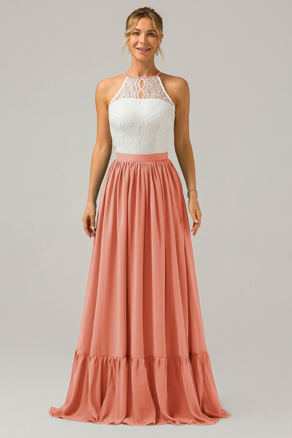 Terracotta Chiffon Keyhole Boho Halter Long Bridesmaid Dress with Lace