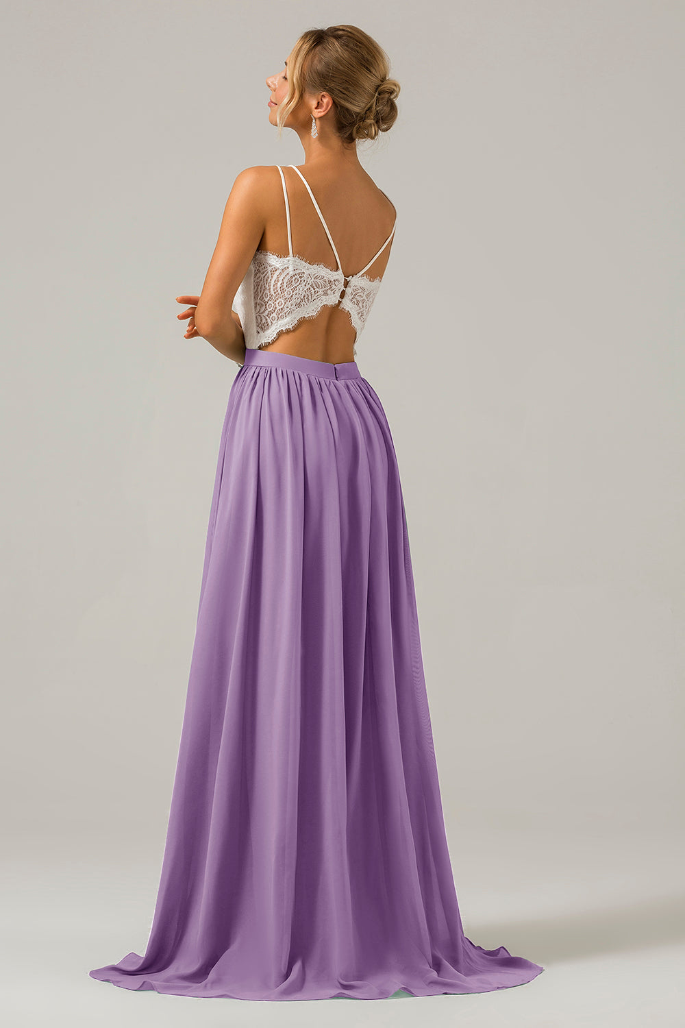 Sky Blue A-line Spaghetti Straps Chiffon Long Boho Bridesmaid Dress with Lace