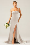 Mermaid Dusty Rose Spaghetti Straps Satin Formal Dress with Slit