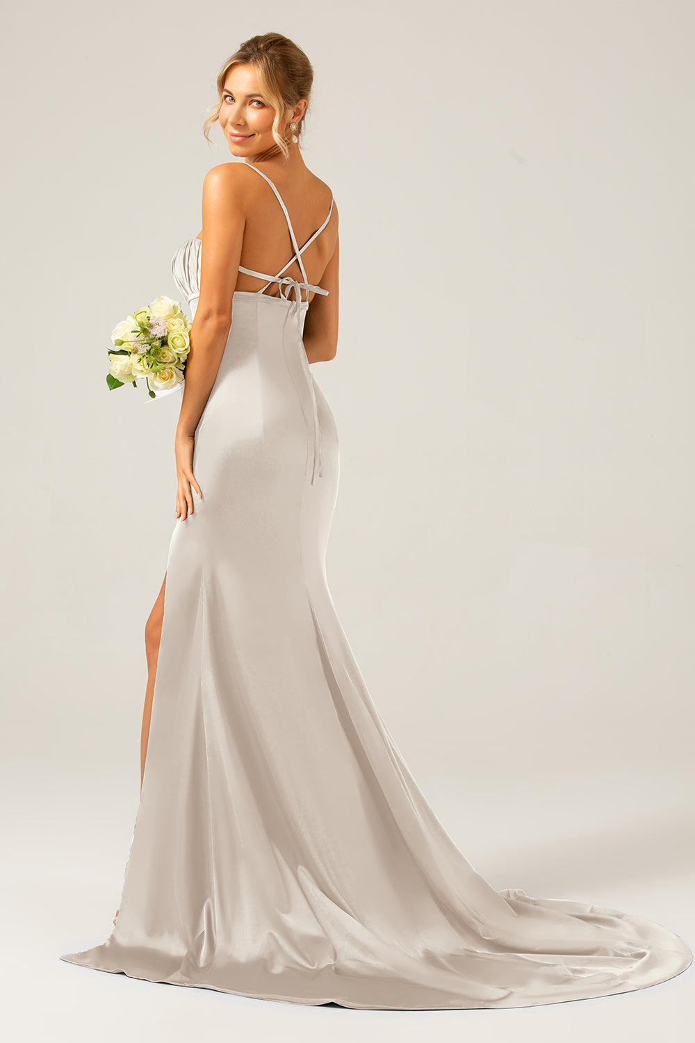 Mermaid Dusty Rose Spaghetti Straps Satin Formal Dress with Slit