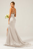 Mermaid Dusty Rose Spaghetti Straps Satin Formal Dress with Slit