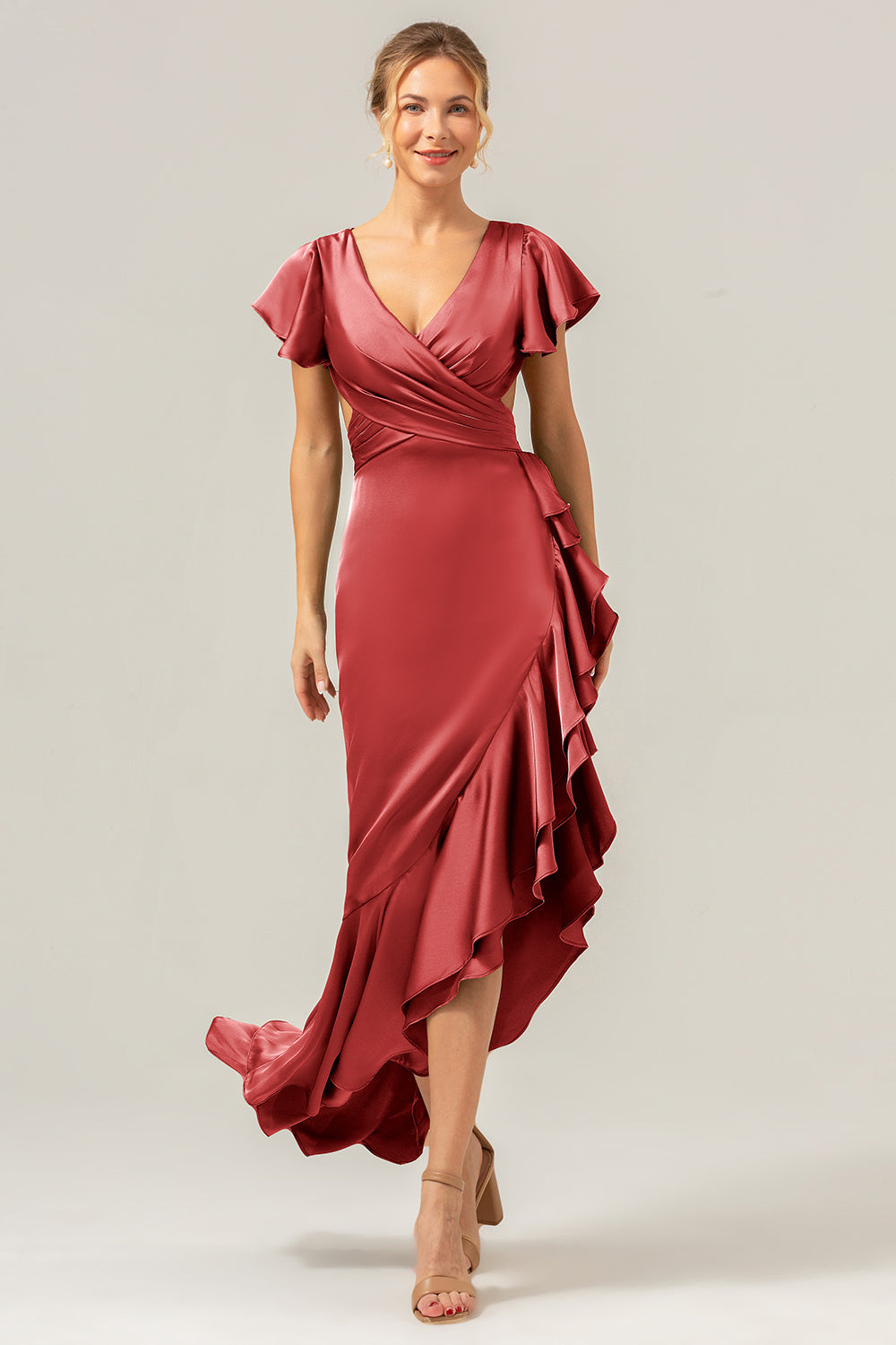 A Line Terracotta V Neck Satin Asymmetrical Bridesmaid Dress with Slit