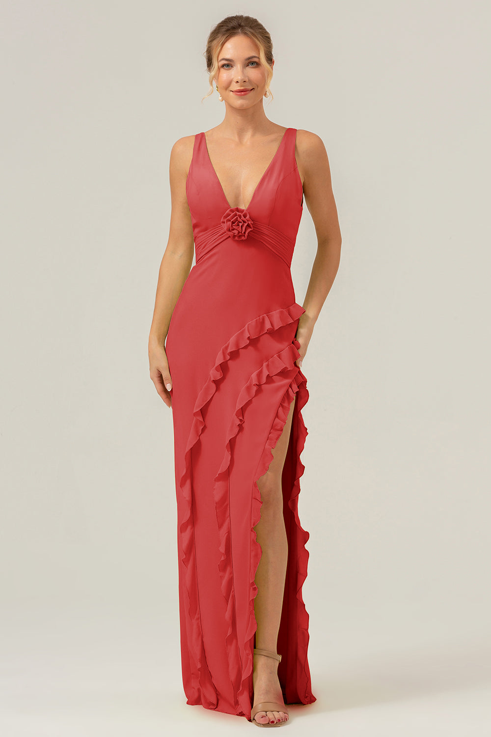 Mermaid Terracotta Deep V Neck Backless Long Bridesmaid Dress with Slit