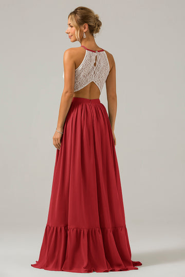 Terracotta Chiffon Keyhole Boho Halter Long Bridesmaid Dress with Lace
