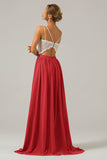Vintage Mauve Spaghetti Straps Open Back Chiffon Long Boho Bridesmaid Dress with Lace