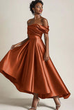 Terracotta A-Line Off the Shoulder Ruched Satin Ankle Length Mother of the Bride Dress