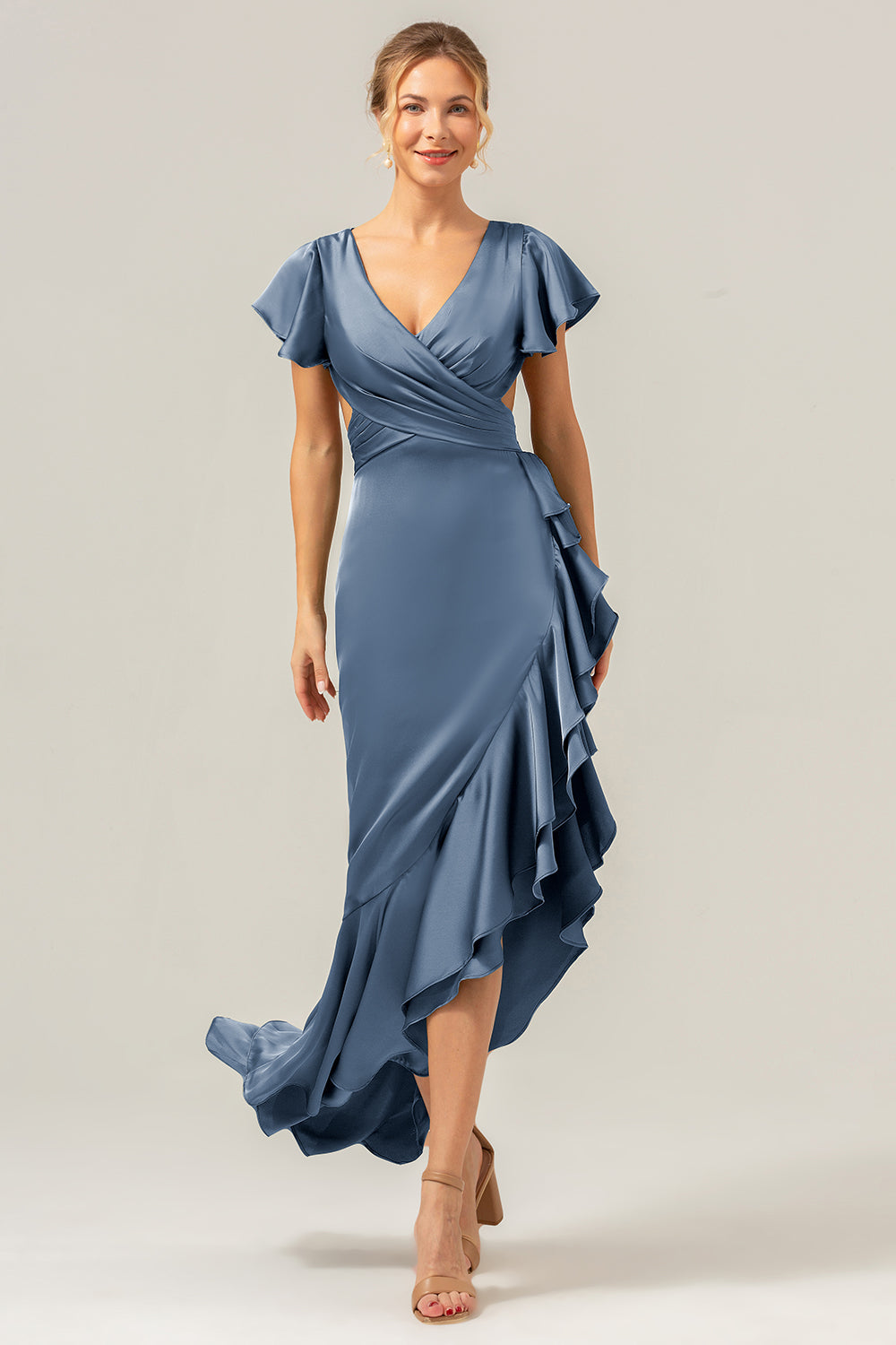 A Line Terracotta V Neck Satin Asymmetrical Bridesmaid Dress with Slit