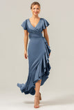 A Line Terracotta V Neck Satin Asymmetrical Bridesmaid Dress with Slit