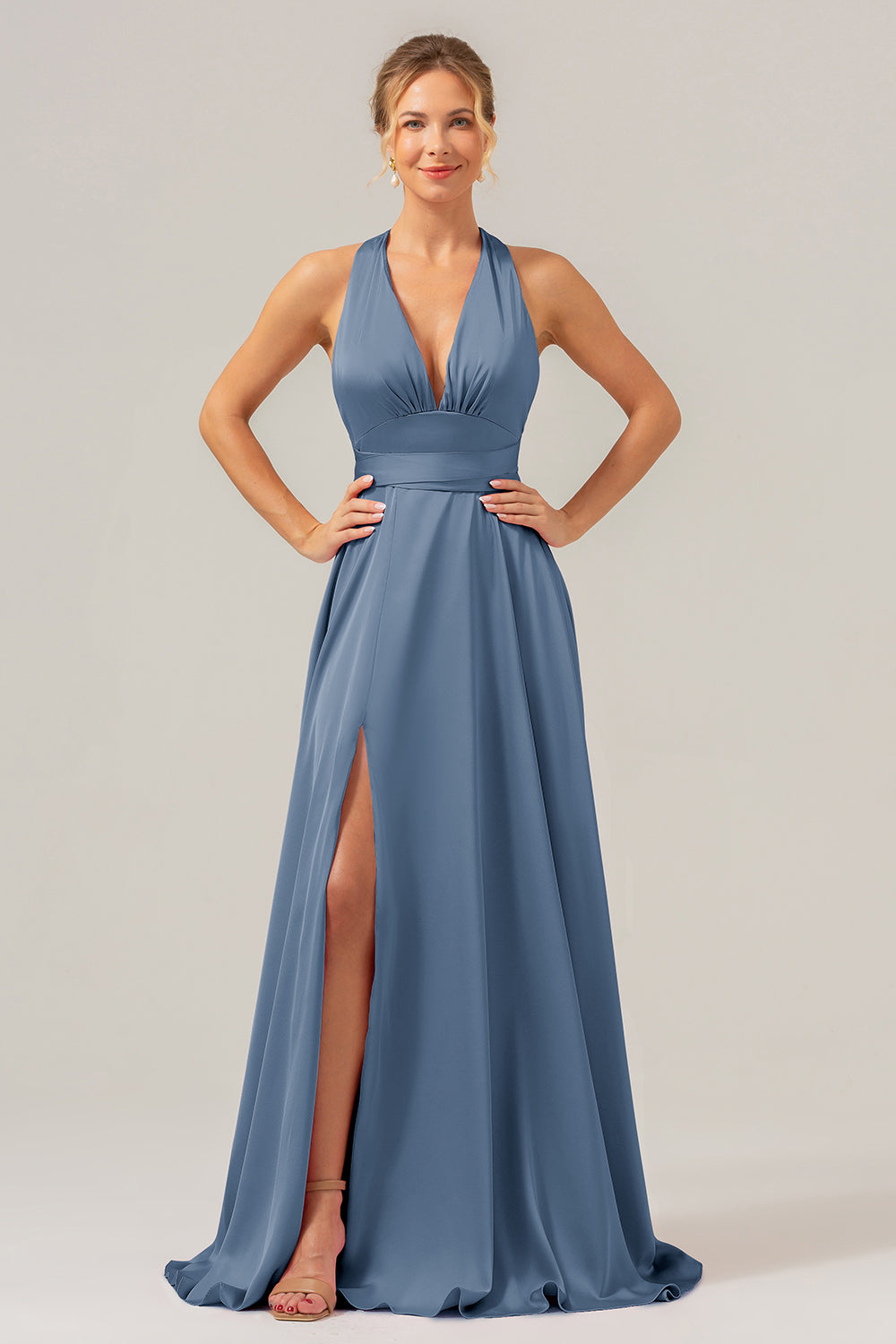 A Line Terracotta V-Neck Backless Satin Long Bridesmaid Dress with Slit