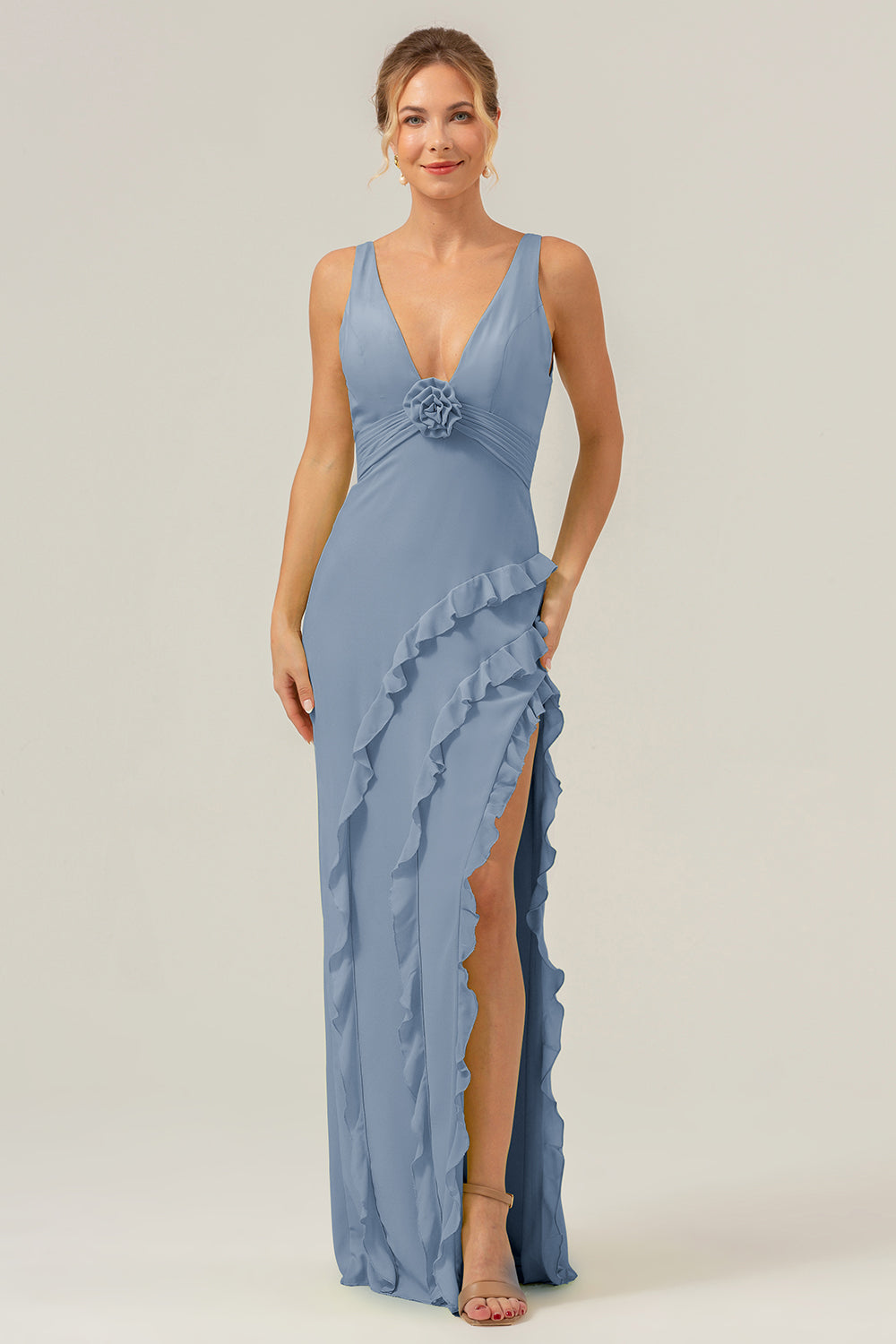 Mermaid Terracotta Deep V Neck Backless Long Bridesmaid Dress with Slit