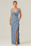Mermaid Terracotta Deep V Neck Backless Long Bridesmaid Dress with Slit