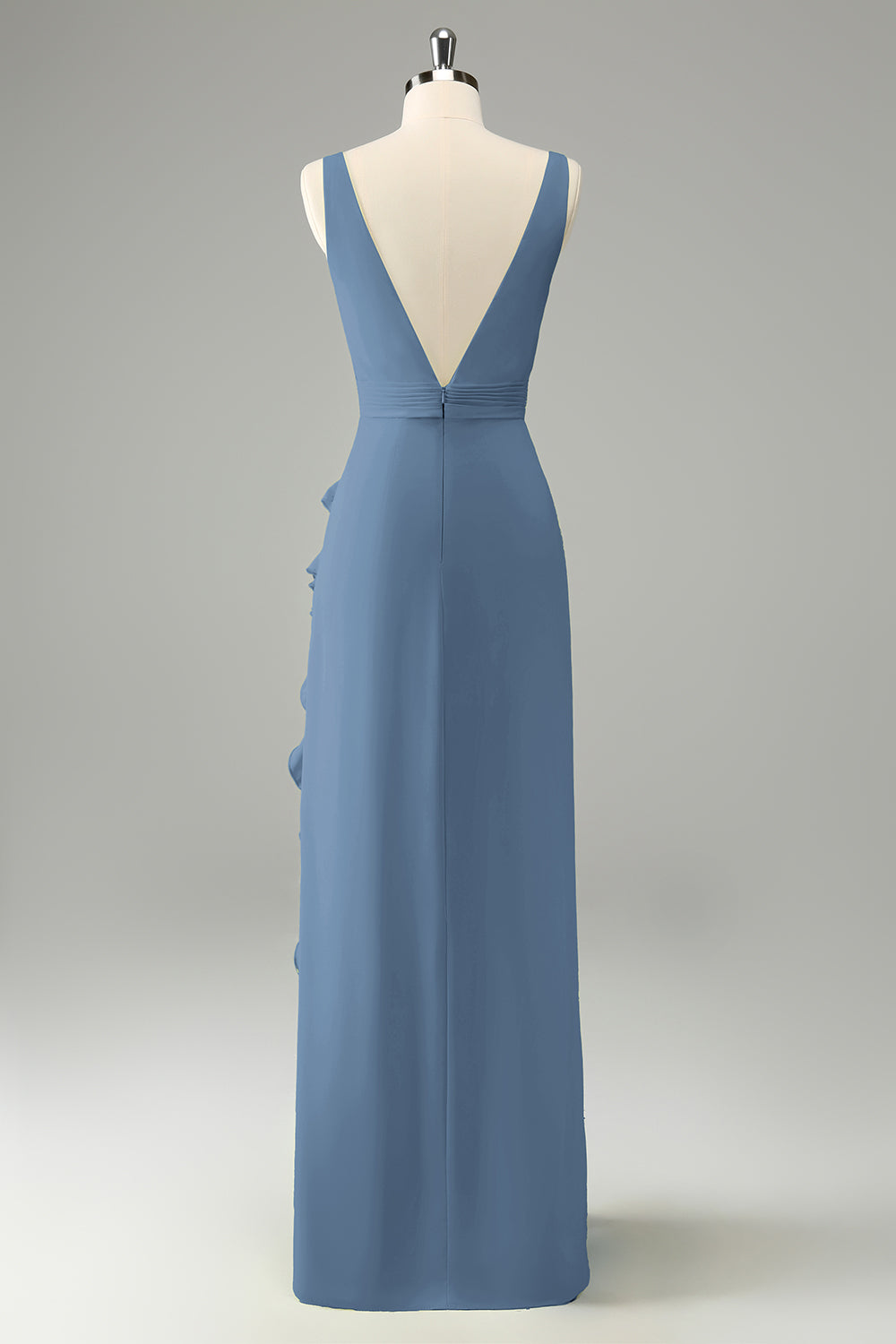 Dusty Sage Deep V Neck Ruffled Wedding Guest Dress with Slit