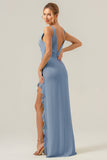 Mermaid Terracotta Deep V Neck Backless Long Bridesmaid Dress with Slit