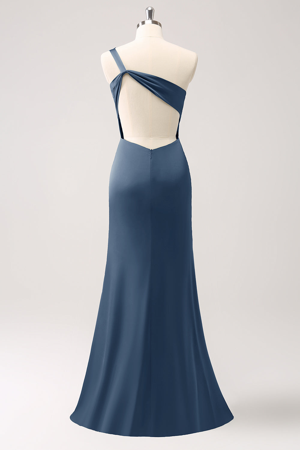 Dusty Blue One Shoulder Mermaid Satin Long Bridesmaid Dress