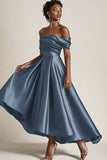 Terracotta A-Line Off the Shoulder Ruched Satin Ankle Length Mother of the Bride Dress