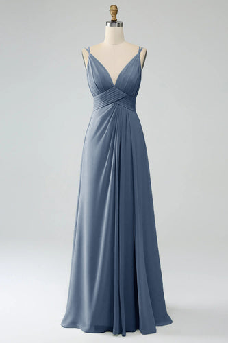 A-Line Twilight Spaghetti Straps Pleated Chiffon Long Bridesmaid Dress