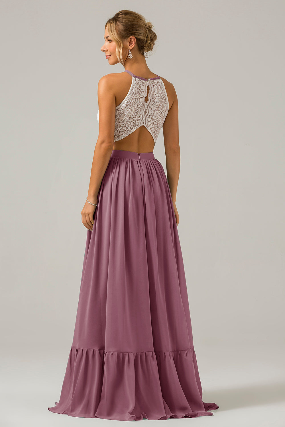 Terracotta Chiffon Keyhole Boho Halter Long Bridesmaid Dress with Lace
