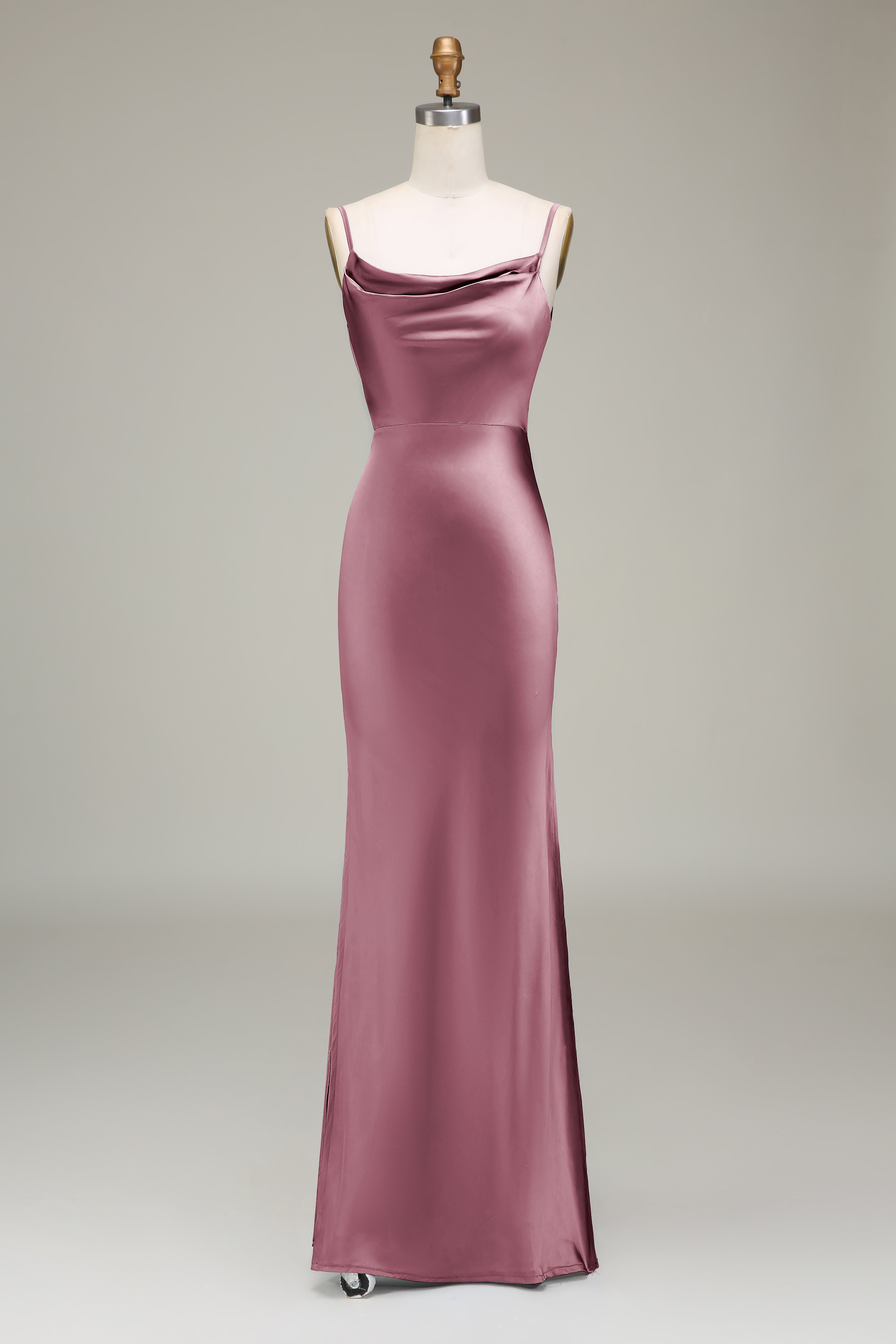 Dusty Rose Sheath Spaghetti Straps Satin Long Bridesmaid Dress