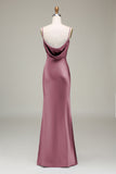 Dusty Rose Sheath Spaghetti Straps Satin Long Bridesmaid Dress