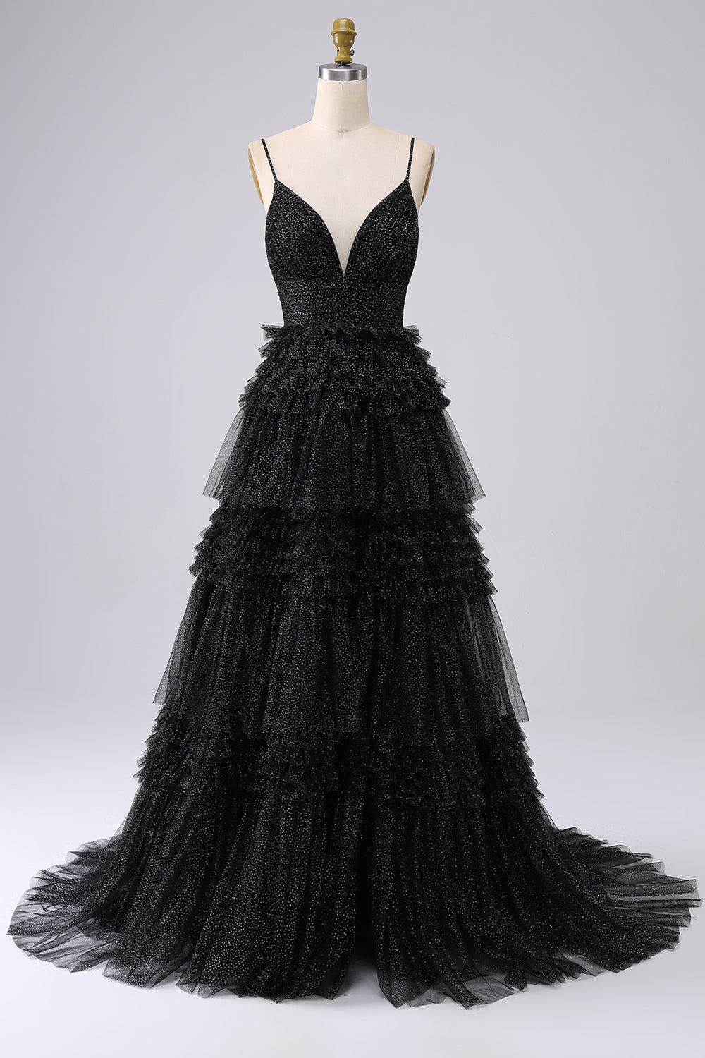 A Line Spaghetti Straps Navy Long Formal Dress with Ruffles