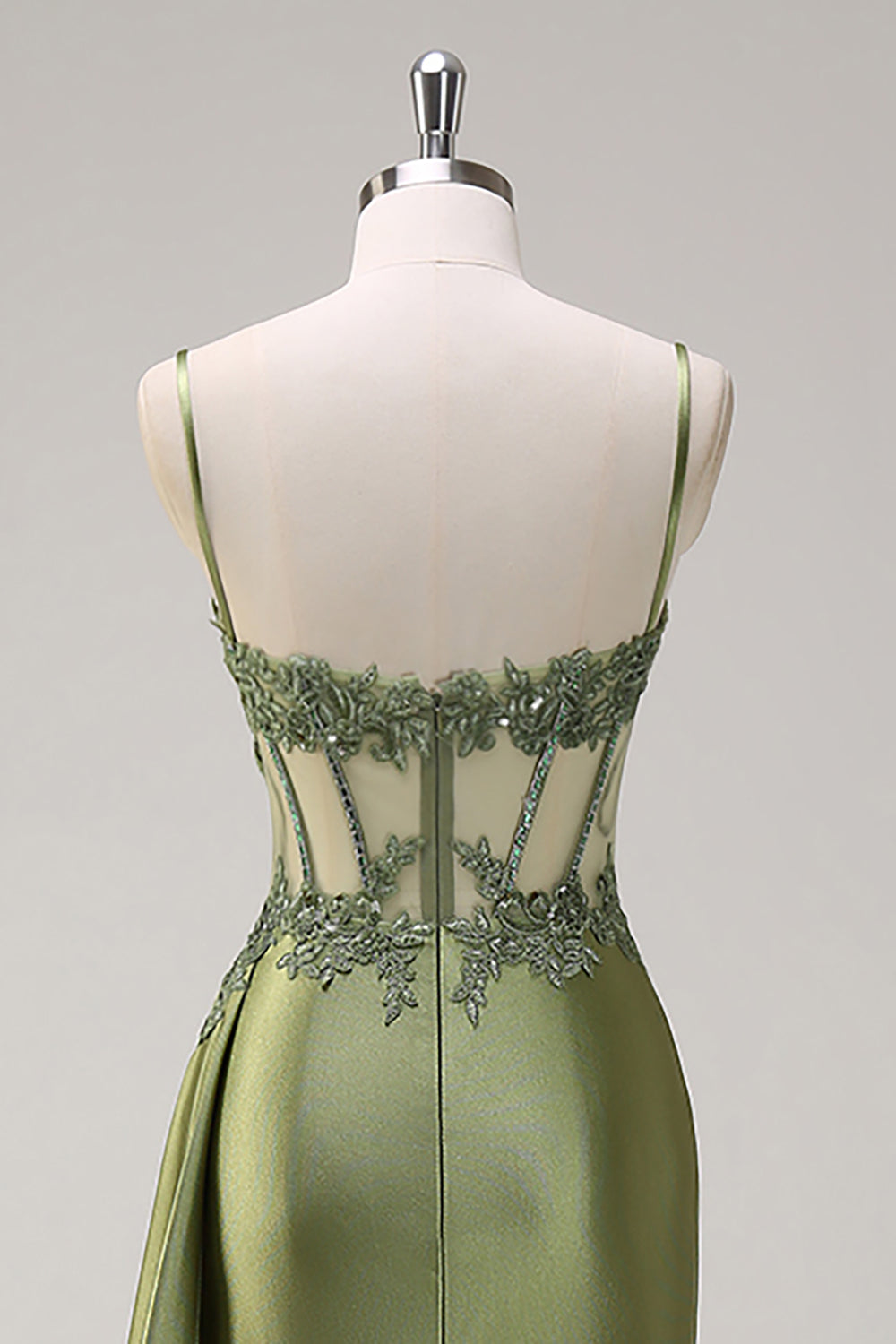 Silver Mermaid Sheer Long Corset Satin Formal Dress With Slit