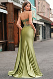 Silver Mermaid Sheer Long Corset Satin Formal Dress With Slit