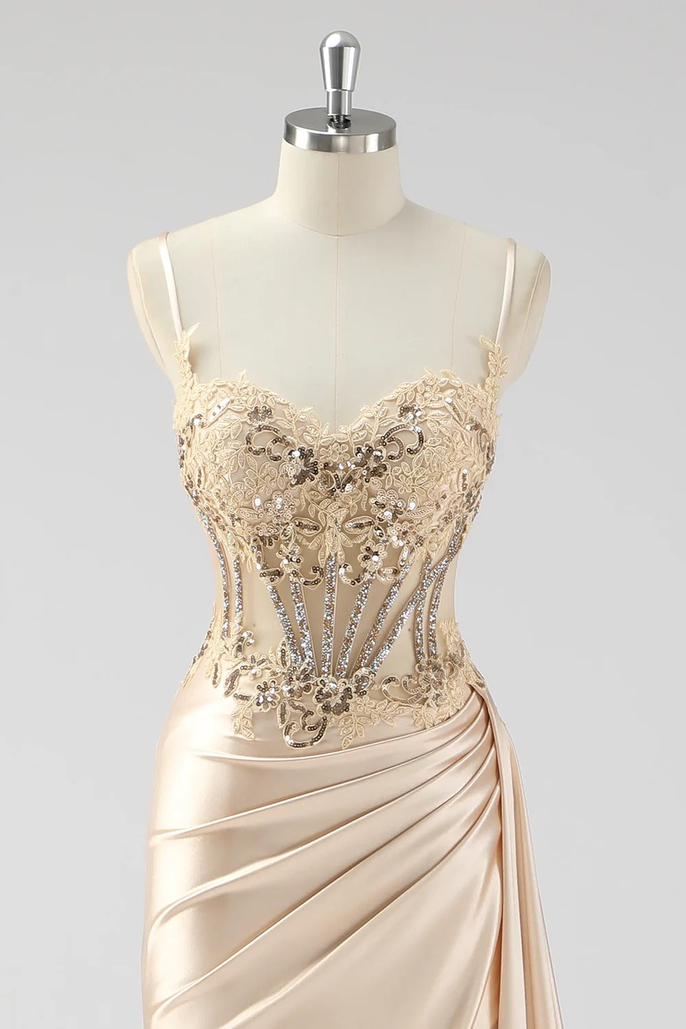 Silver Mermaid Sheer Long Corset Satin Formal Dress With Slit